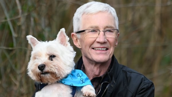 Paul O'Grady and new friend at the Battersea Dogs and Cats Home's Brands Hatch Centre in Kent in February 2022