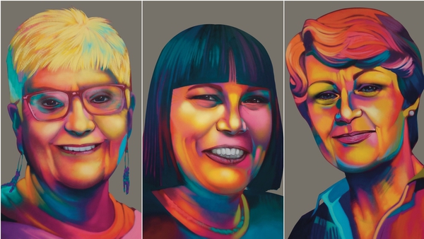 Portraits of 'Peace Heroines' Anne Carr, Bronagh Hinds and Pat Hume are on display in the lobby of UN headquarters in New York.