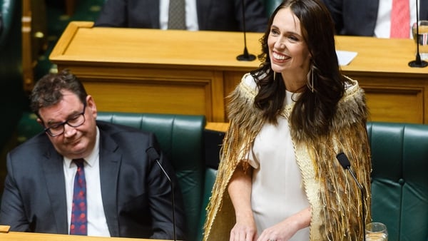 Outgoing New Zealand Prime Minister Jacinda Ardern gives a speech in parliament in Wellington
