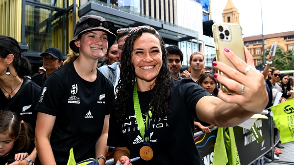 Portia Woodman of the Black Ferns celebrates with fans last year