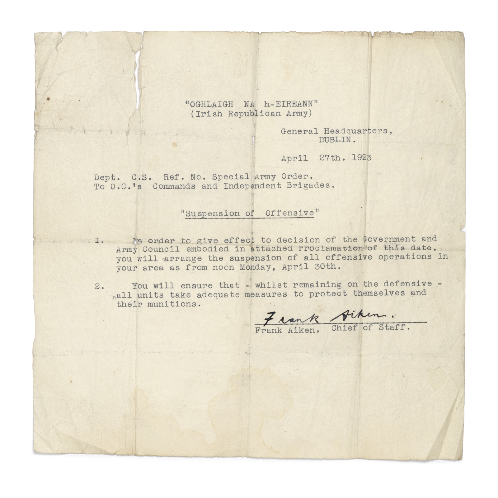 Image - The note that ended the Civil War. IRA Chief of Staff Frank Aiken's order to all units to cease operations, 27 April, 1923. (Credit: National Museum of Ireland)