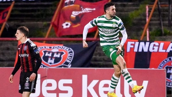 Neil Farrugia celebrates scoring Shamrock Rovers' opener at Dalymount Park