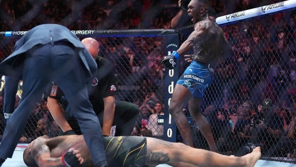 Israel Adesanya celebrates his knockout victory in Miami