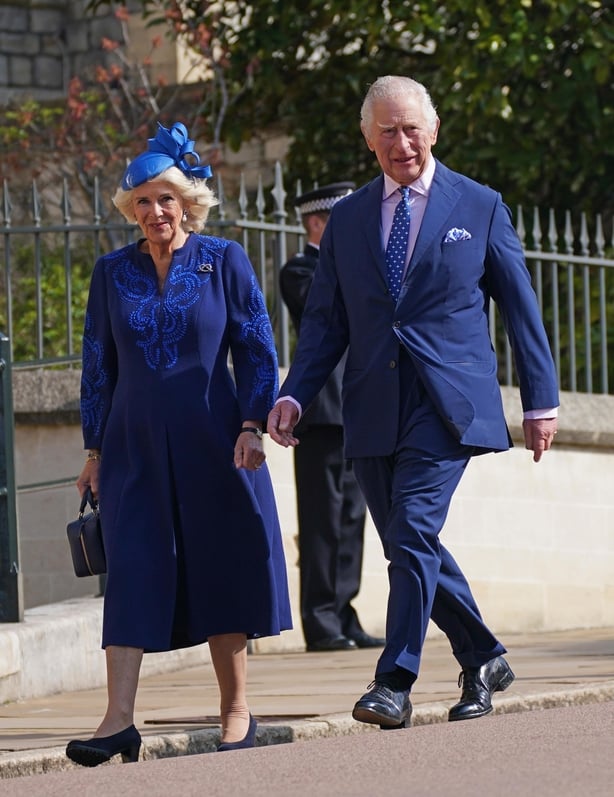 King Charles III and the Queen Consort attending the Easter Mattins Service at St George's Chapel at Windsor Castle in Berkshire