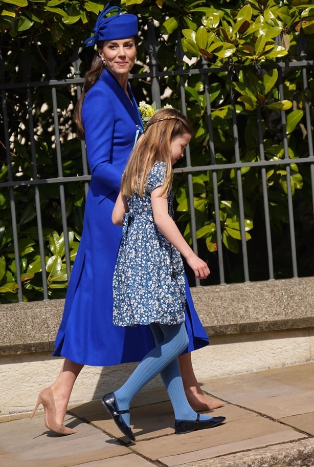The Princess of Wales with Princess Charlotte leave after attending the Easter Mattins Service at St George's Chapel at Windsor Castle in Berkshire.