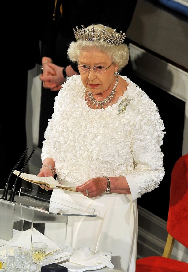 Queen Elizabeth II speaking during a 2011 State Dinner at Dublin Castle