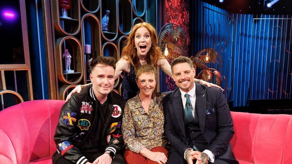 Host Angela Scanlon with her guests for this Saturday night, Majella O[Donnell and Keith Duffy. Picture credit: Andres Poveda