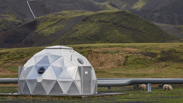 Pods, operated by Carbfix, containing technology for storing carbon dioxide underground, in Hellisheidi, Iceland, on Tuesday, Sept. 7, 2021. Photo: Getty Images