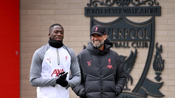 Klopp speaking to his Liverpool centre-back Ibrahima Konate during a week in which their schedule eased