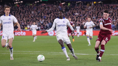 West Ham's Kurt Zouma heads the ball during the Europa Conference