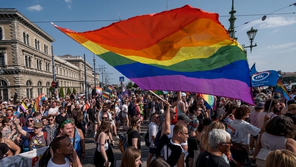 People march during Budapest's Pride parade in July 2021. Organisers said it was as much a rally against an anti-LGBTQ law