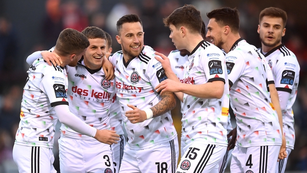 Bohemians players celebrate the opening goal of the game