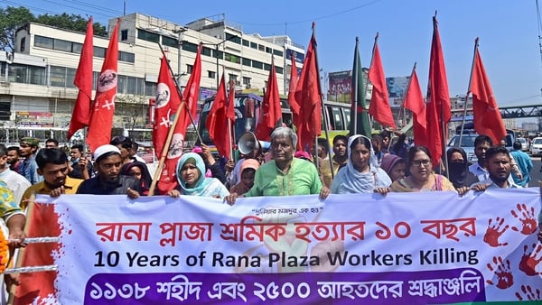A protest was held at the site where the building once stood in Savar on the outskirts of Dhaka