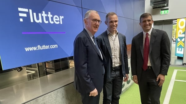 Flutter's outgoing chairman Gary McGann, CEO Peter Jackson and John Bryant, its new chairman