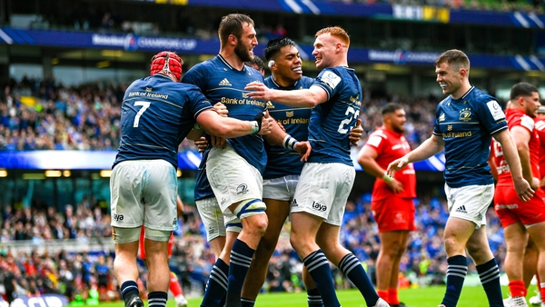 Leinster's players celebrate their fifth and final try, scored by Jason Jenkins