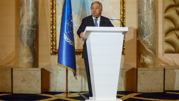 UN chief Antonio Guterres addresses international envoys during talks on Afghanistan in Doha
