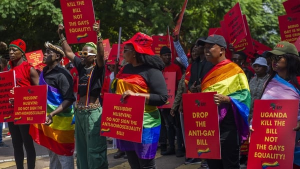 Members of the Economic Freedom Fighters in South Africa picket against Uganda's anti-homosexuality bill last month