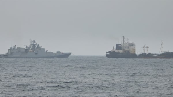 Images taken by the Irish Navy of one of the other ships, a tanker called the Kama, appeared to show it refuelling the warship (Credit Irish Defence Forces)