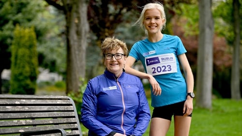 At the launch of the 2023 Irish Life Dublin Marathon is Mary Hickey, the only women to have run every Dublin marathon since 1980, with national marathon champion Courtney McGuire