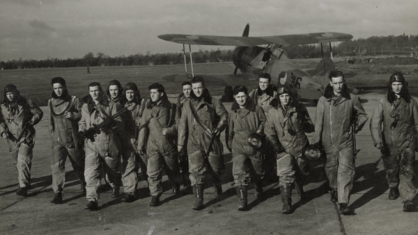 Air Corps airgunners at Baldonnel Aerodrome in March 1941 with a Gloster Gladiator in the background. Photo: Military Archives, Cathal Brugha Barracks