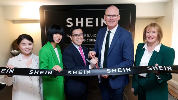 SHEIN's Country Manager Shiwei Yu, Director for Europe Cui He, Global Head of Government Relations Leonard Lin, Enterprise Trade and Employment Minister Simon Coveney and IDA Head of Growth Markets Eileen Sharpe in Dublin