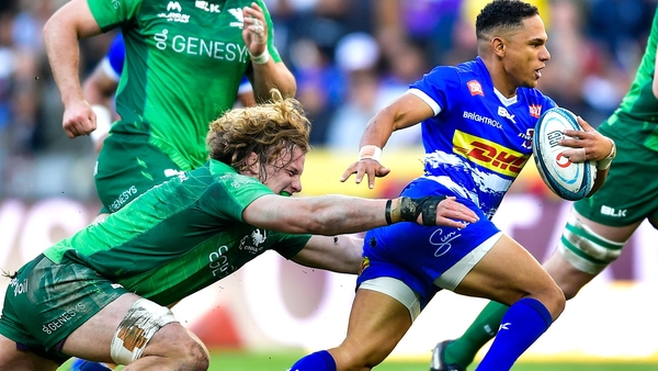 Herschel Jantjies of DHL Stormers is the tackled by Cian Prendergast of Connacht