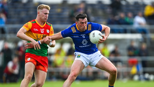 Wicklow's Padraig O'Toole (R) in action against Carlow's Ross Dunphy in the Tailteann Cup