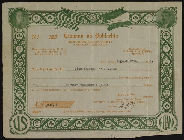 Receipt issued by Cumann na Poblachta to Clan-na-Gael for the donation of $15,000 to the Irish Republican (1923) Election Fund. Image courtesy of the National Library of Ireland