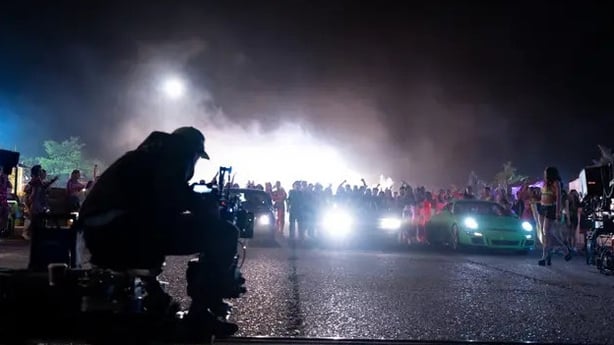 Replica Porsche 911 GT3s (far right) were made for the film. (Fast X/Universal Pictures)