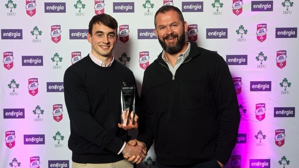 Terenure College's Caolan Dooley was named men's Division 1A player of the year, and was presented with his award by Ireland head coach Andy Farrell