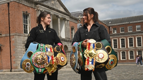 Katie Taylor (L) and Chantelle Cameron face off at Dublin Castle