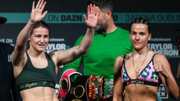 Katie Taylor (L) and Chantelle Cameron at Frday's weigh-in