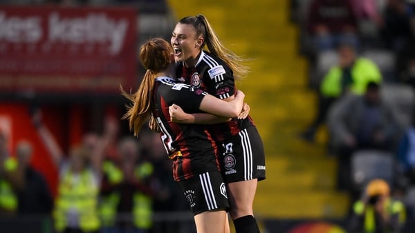 Mia Dodd, right, and Niamh Prior celebrate after helping Bohs to a victory over Athlone