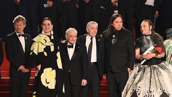 (left to right) Jesse Plemons, Lily Gladstone, Martin Scorsese, Robert De Niro, William Belleau and Tantoo Cardinal depart the premiere for Killers of the Flower Moon during the 76th Cannes Film Festival in Cannes. Picture:Doug Peters/PA Wire