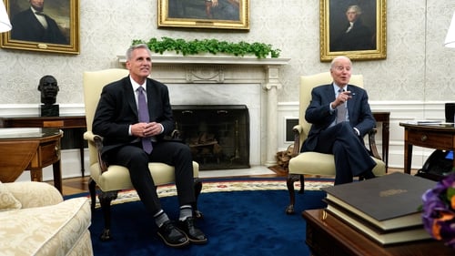 US House Speaker Kevin McCarthy and US President Joe Biden at talks on Monday
