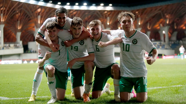 Luke Kehir, left, celebrates with team-mates, from left to right, Daniel Babb, Mason Melia, Daniel McGrath and Naj Razi after scoring Ireland's fourth goal