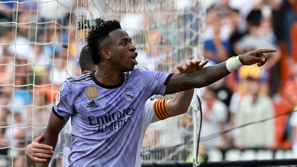 Vinicius Junior reacts to fans in the Mestalla Stadium at the weekend