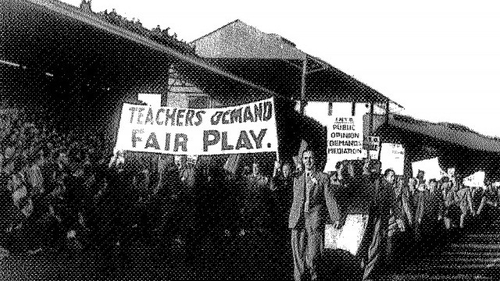 Striking teachers make a point during the 1946 All Ireland football final. Photo: Labour Court