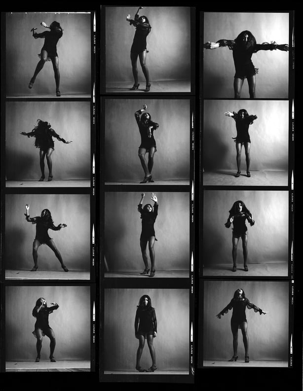 Tina Turner, dressed in a dark crocheted mini-dress, in various poses, New York, New York, November 25, 1969. (Photo by Jack Robinson/Hulton Archive/Getty Images)