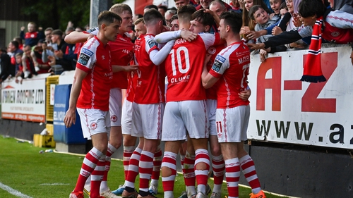 Conor Carty of St Patrick's Athletic, second from right, celebrates with teammates