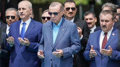 President Recep Tayyip Erdogan (middle) at the mausoleum of former President Adnan Menderes in Topkapi