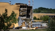 A damaged tobacco factory after the wreckage of a Russian drone fell on it in Kyiv