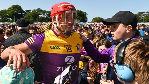 Lee Chin celebrates with the Wexford supporters after the final whistle