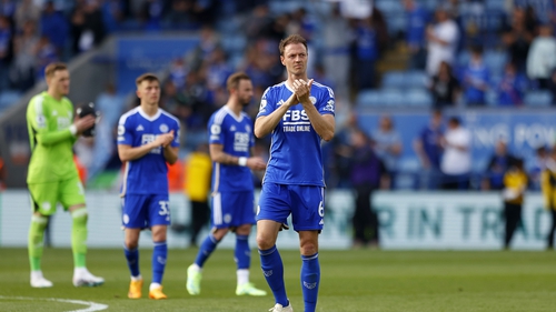 Jonny Evans applauds the Leicester faithful after relegation was confirmed