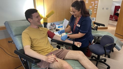 A nurse attends to a blood donor in Dublin today