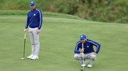 Rory McIlroy (L) with Sergio Garcia during a Ryder Cup practice round in 2021