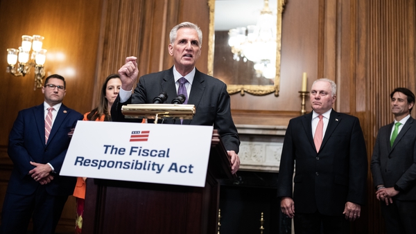Speaker of the House Kevin McCarthy at a news conference after the House of Representatives passed the Fiscal Responsibility Act
