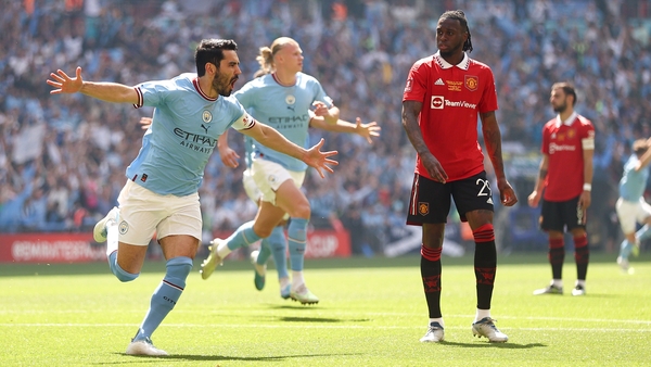Ilkay Gundogan celebrates the Manchester City opener after just 12 seconds on the clock