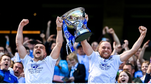 Monaghan joint captains Niall Garland (L) and Kevin Crawley lift the Lory Meagher Cup