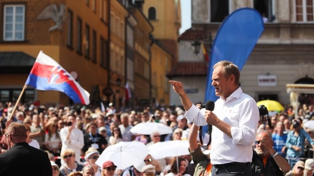 Donald Tusk addresses the crowds in Warsaw